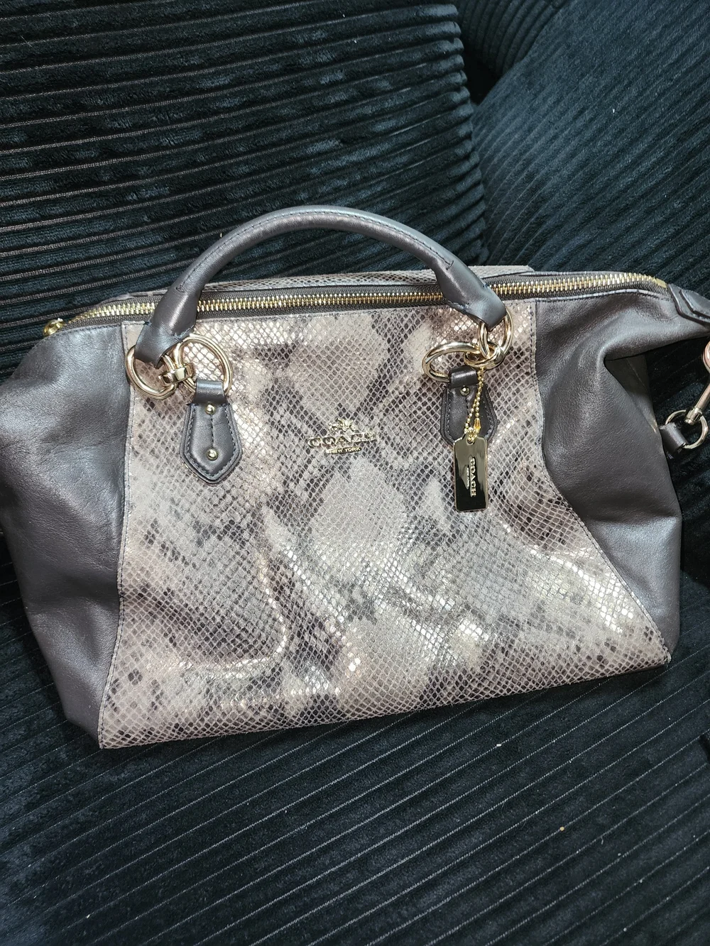 Coach Snake-Embossed Satchel in Taupe and Dark Brown with Gold Hardware